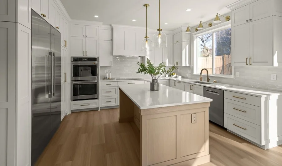 University Place WA kitchen remodel with bright cabinetry, large island, and warm hardwood flooring