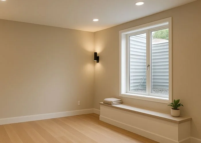 Bright basement with LVP flooring, recessed lighting, and egress window in Maple Valley WA