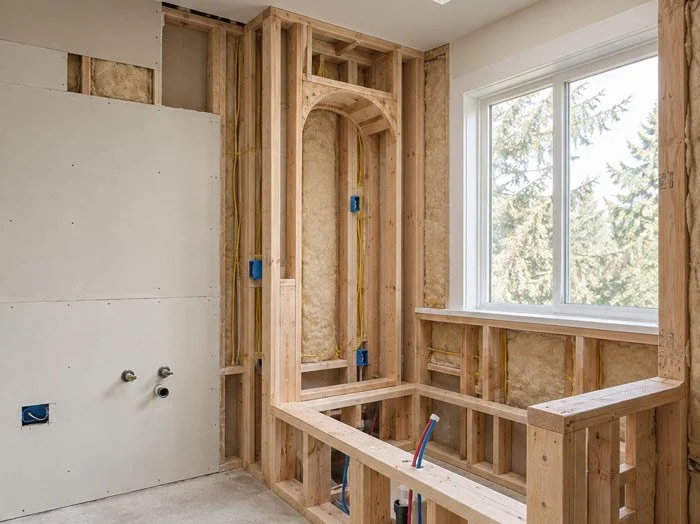 Framing and construction work during a Tacoma home remodel
