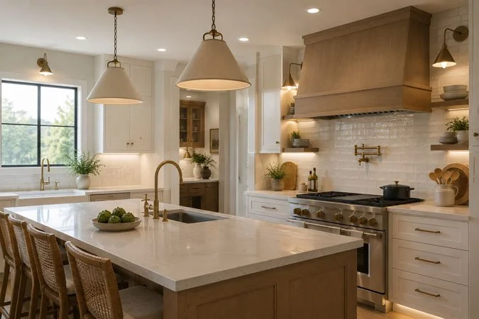 Layered kitchen lighting with pendants, recessed lighting, and task lighting in an Auburn remodel