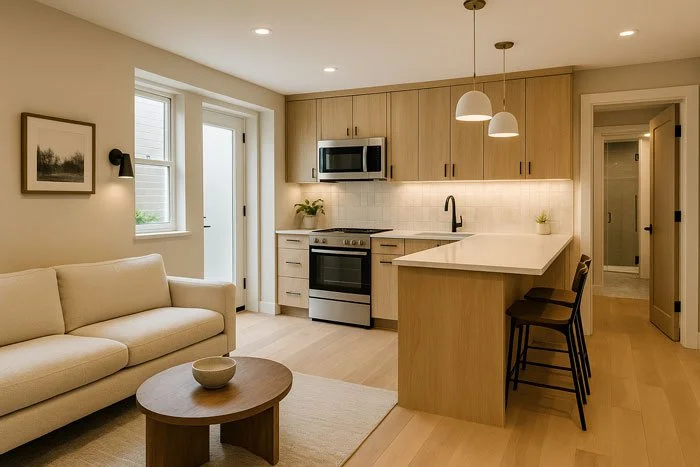 Basement ADU with separate entrance, kitchen, bath, and living space in a Bellevue WA remodel