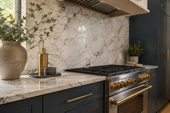 Kitchen countertops and tile backsplash selected for an Auburn area kitchen remodel