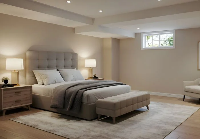 Basement guest suite with bedroom lighting, closet system, and layered textures in Tacoma WA