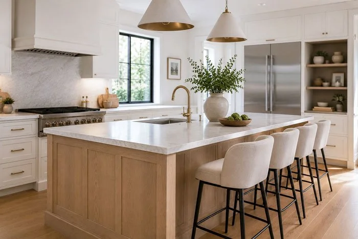 Large kitchen island with seating, storage, and prep space in a remodeled Auburn kitchen