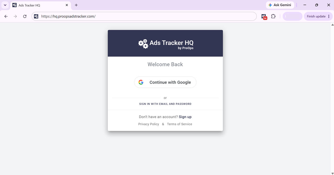 Ads Tracker HQ login screen with Continue with Google and email sign-in options.