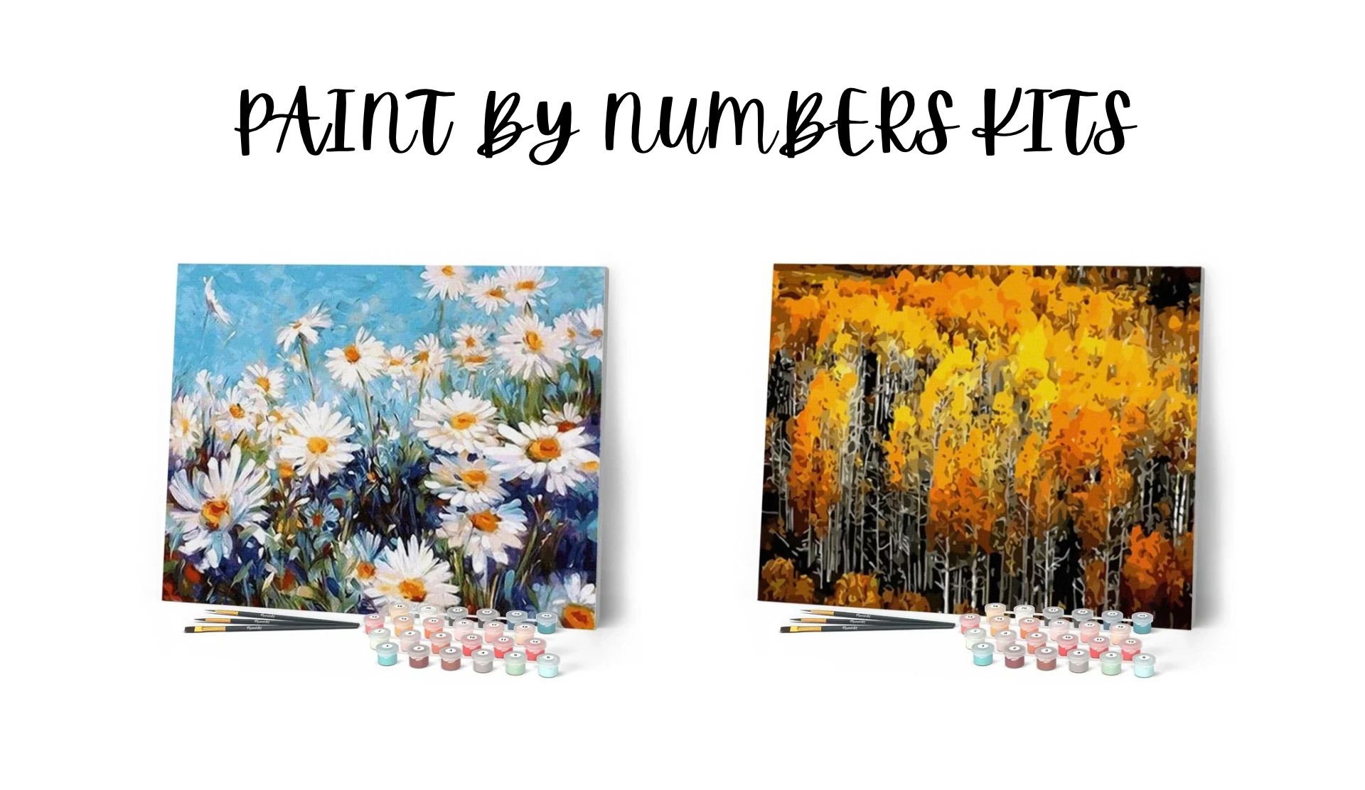 Two paint by numbers kits: white daisies and golden aspen trees
