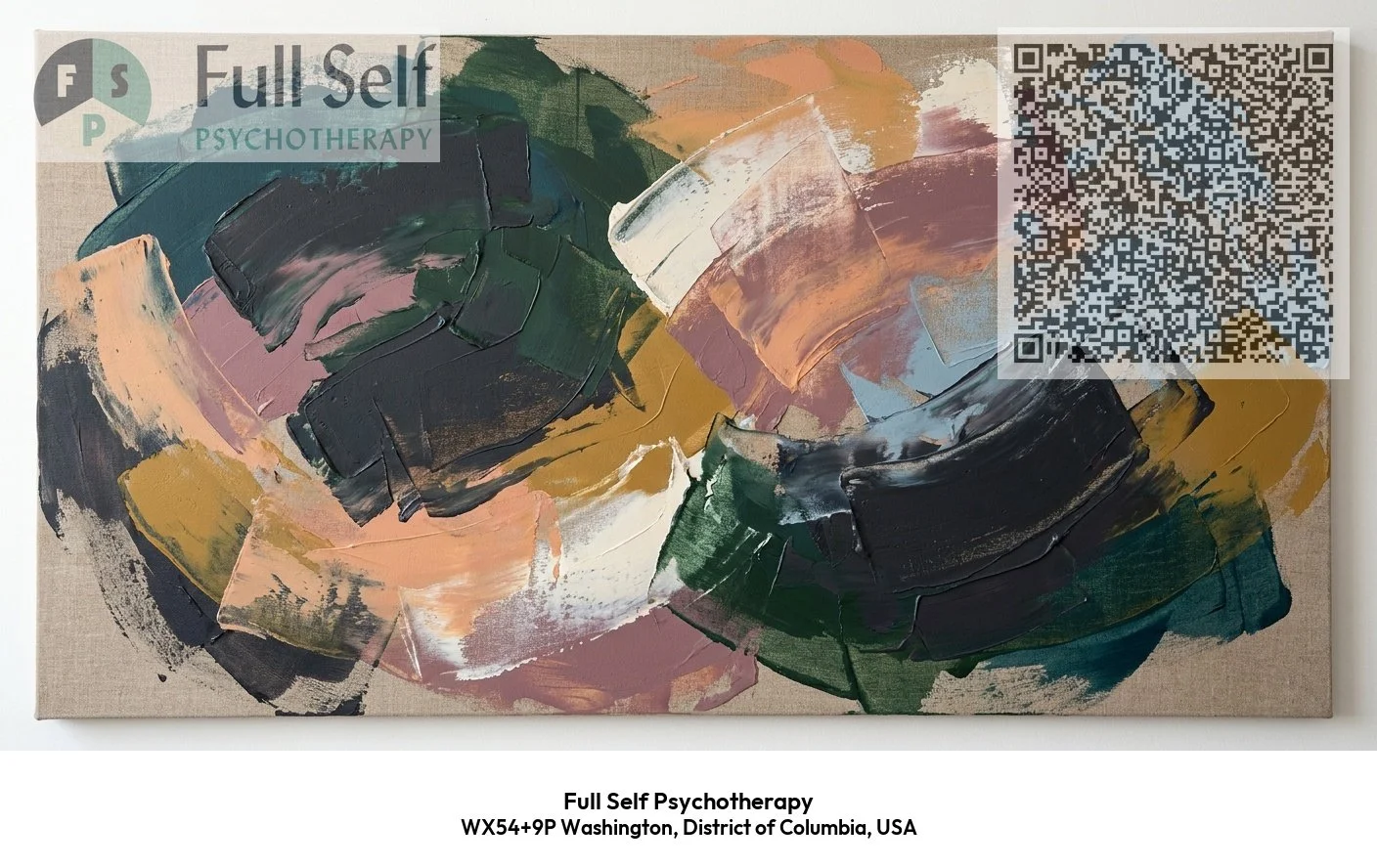 Full Self Psychotherapy practice card with logo and QR code, Washington DC somatic therapy