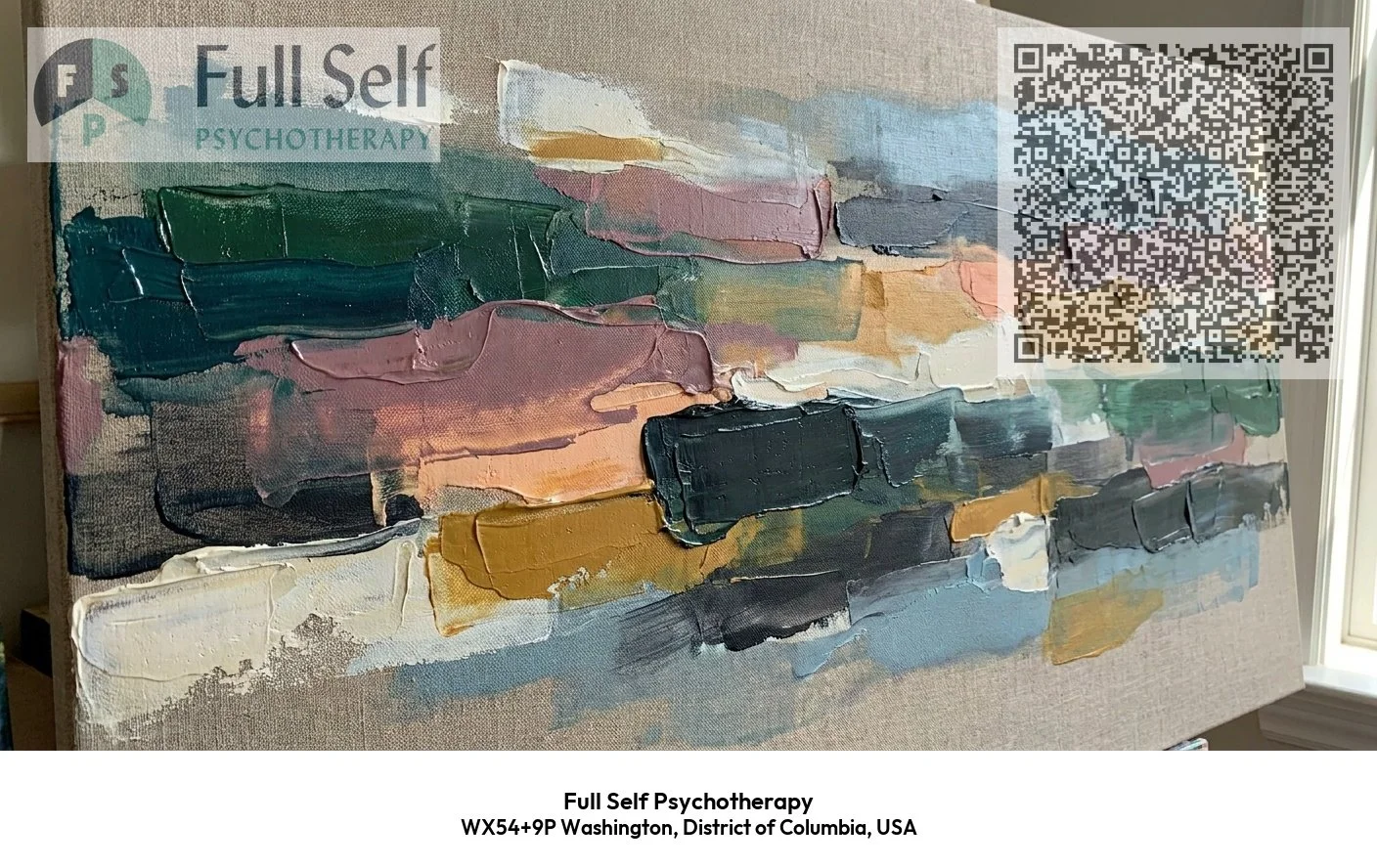 Full Self Psychotherapy IFS therapy practice card with logo and QR code, Washington DC