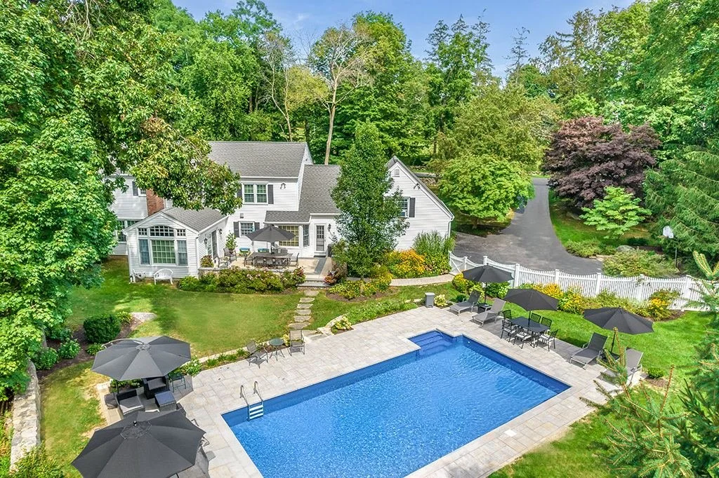 Aerial photo of a home with a pool in the Hudson Valley