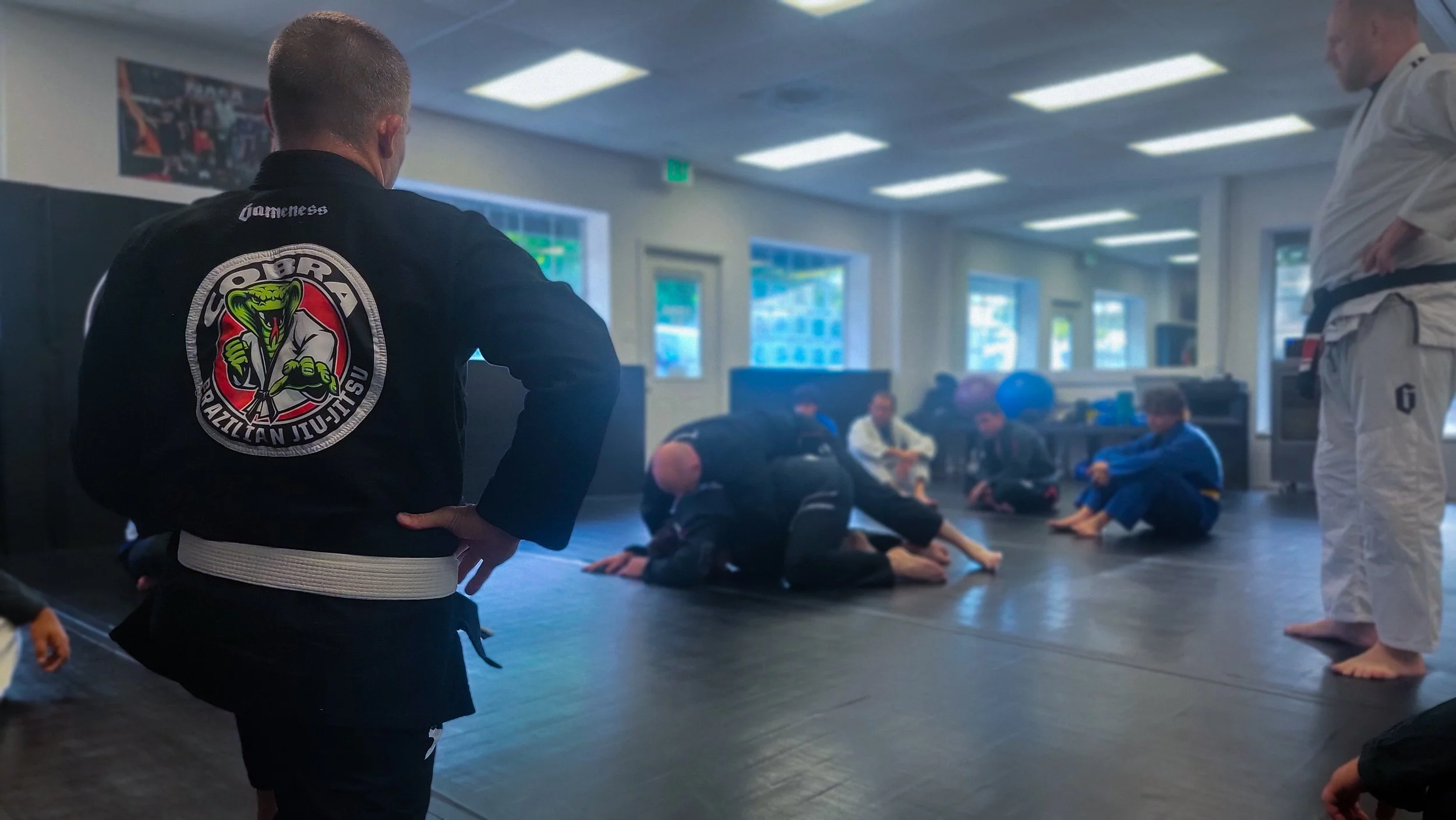 Wide view of the Cobra BJJ Mansfield training floor during an adult class