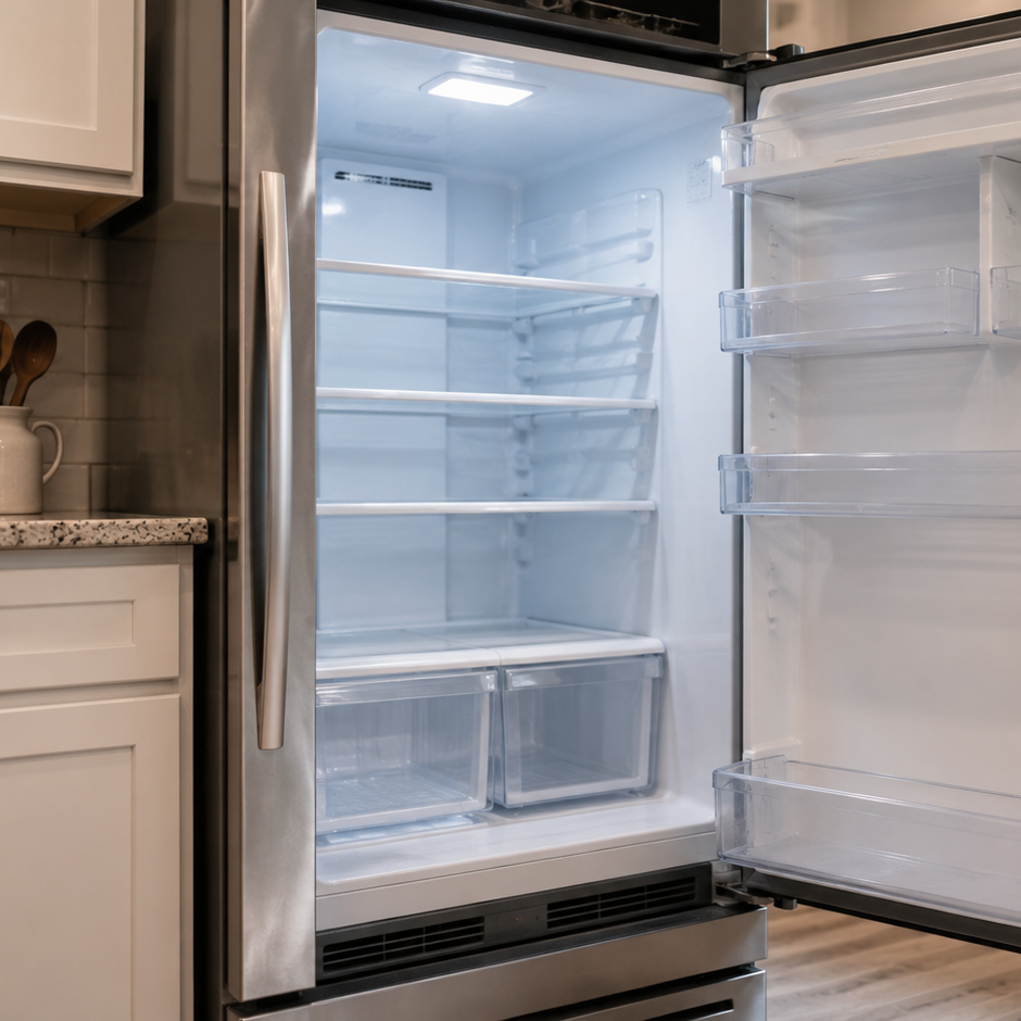 modern refrigerator with light on but warm interior