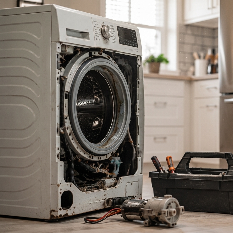 worn white washing machine with corroded hose and parts