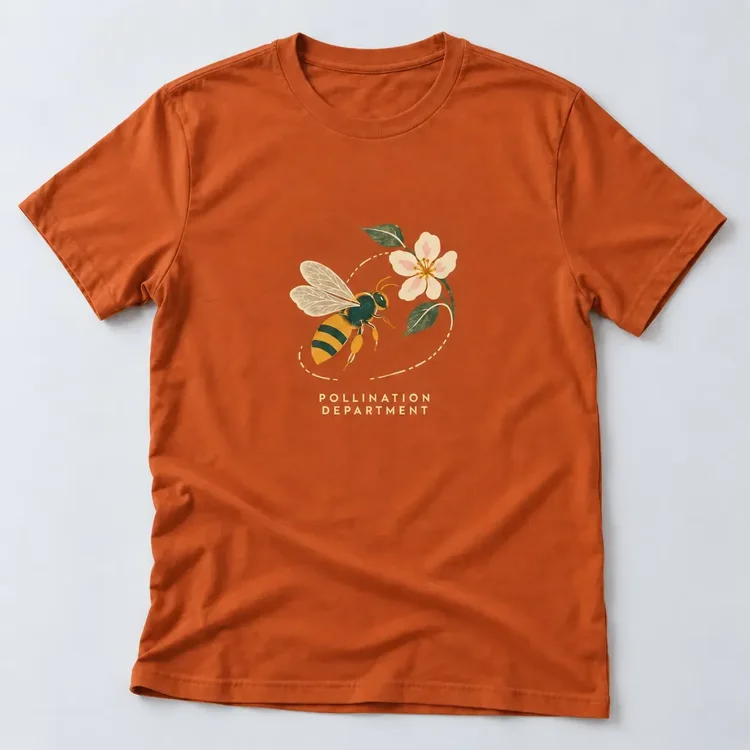 Autumn Pollination Department T-shirt, laid flat, with a bee, apple blossom, and cream lettering on the front.