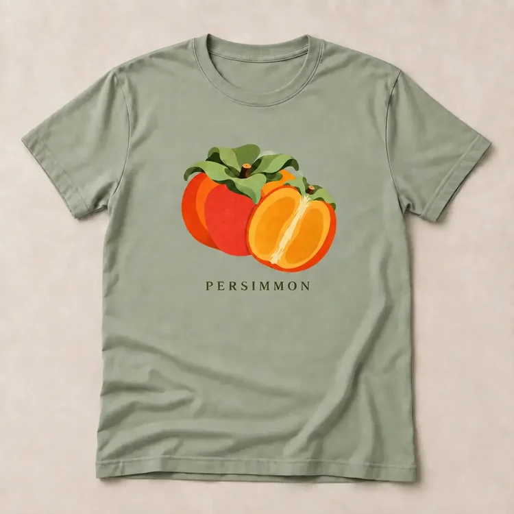 Sage Persimmon T-shirt, laid flat, with orange fruit, a golden cut half, and green leaves on the front.