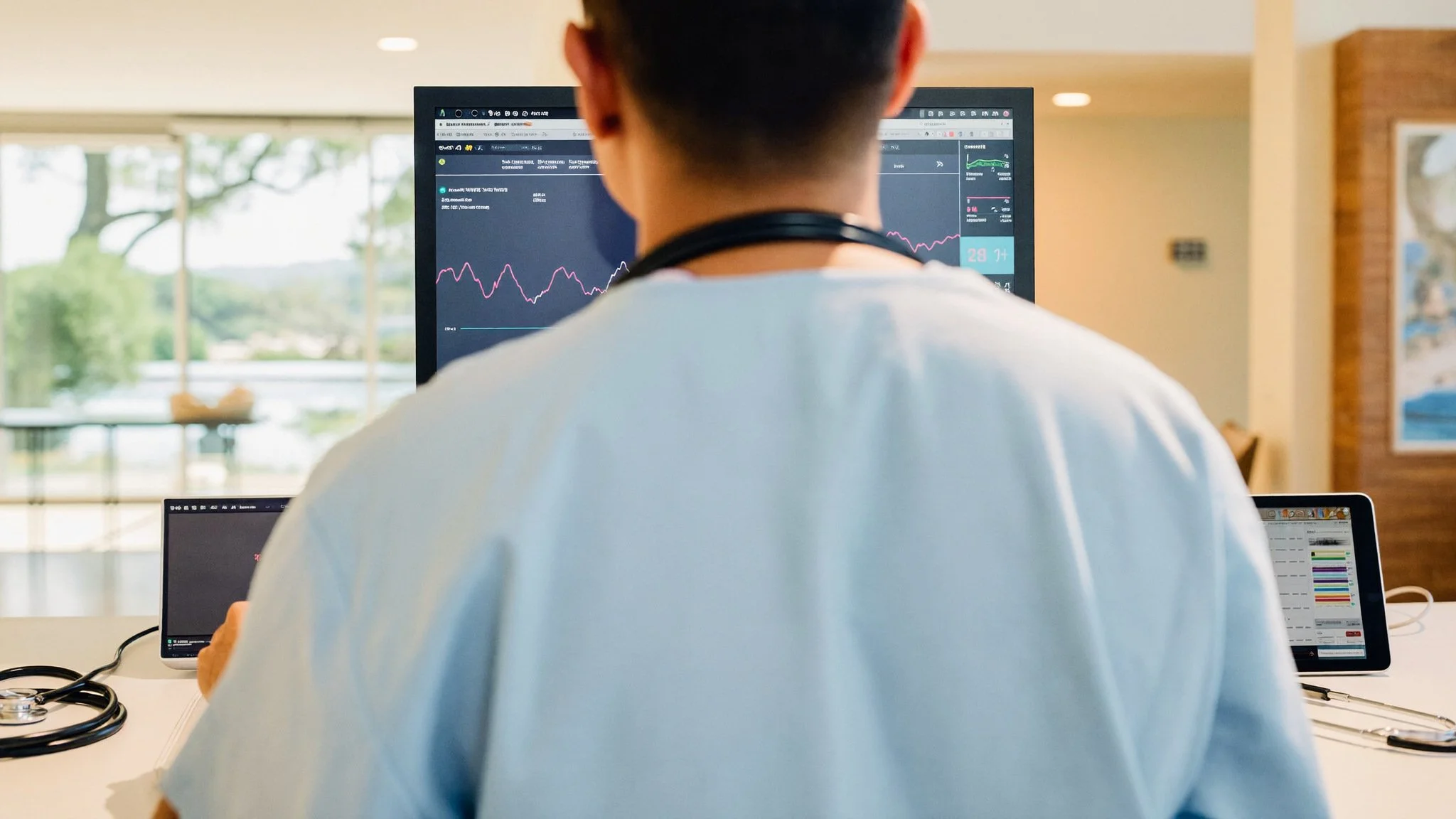 How remote patient monitoring works McAllen, a clinical staff member reviewing a patient's home blood pressure trend on a monitor at the clinic