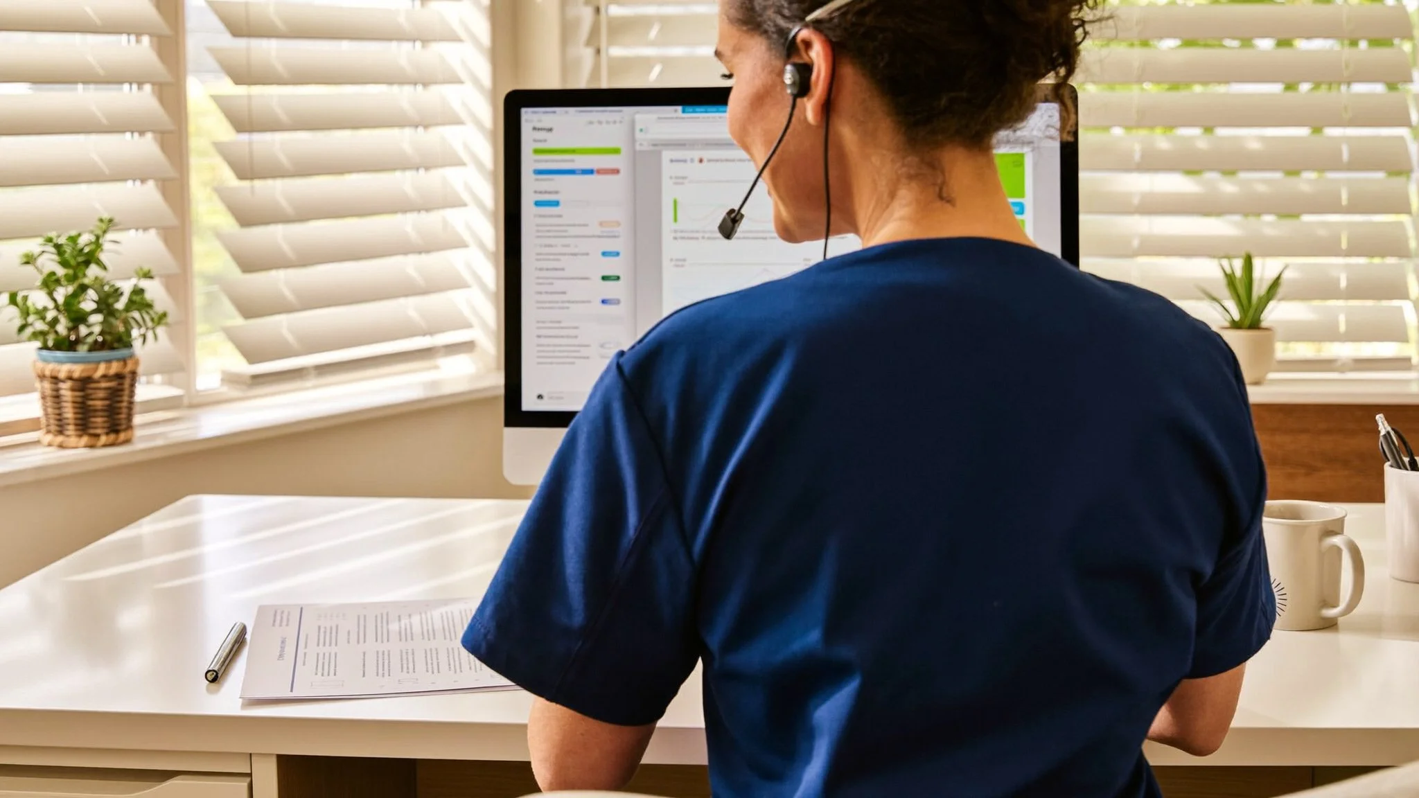 Chronic care management McAllen TX, a nurse care coordinator speaking with an older Hispanic patient by phone while reviewing his care plan on a computer