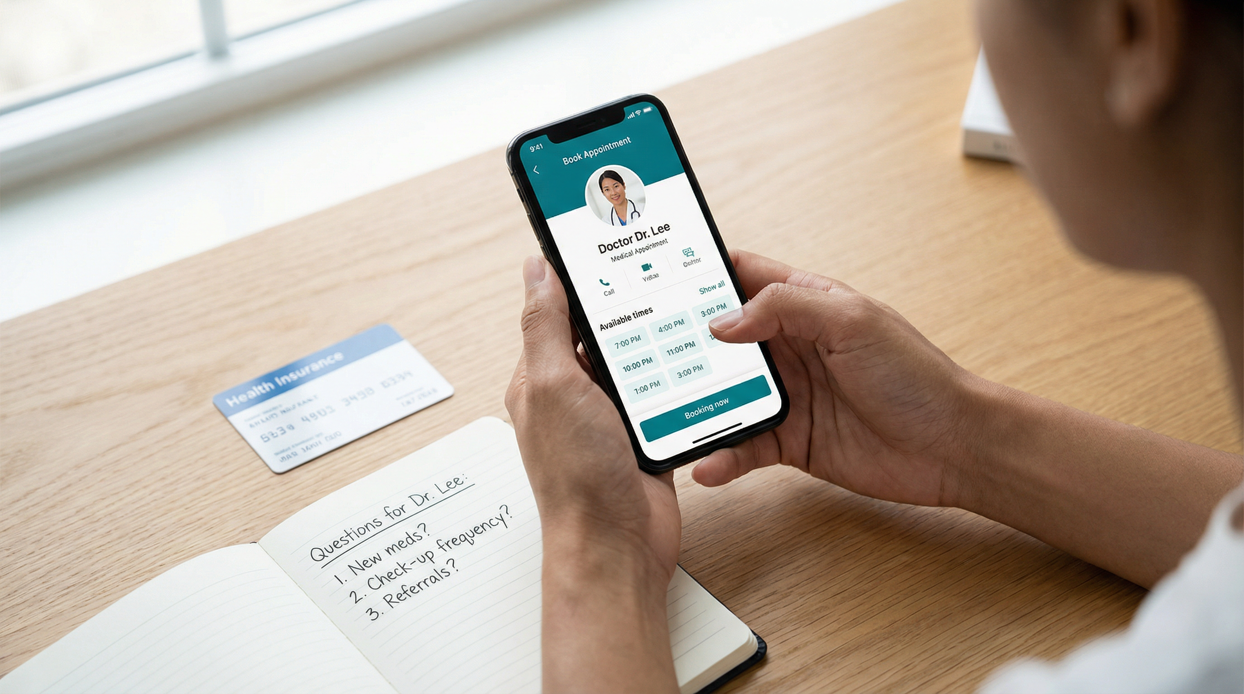 Doctor taking new patients McAllen TX ,  A person booking a medical appointment on a smartphone with a health insurance card and notepad nearby.