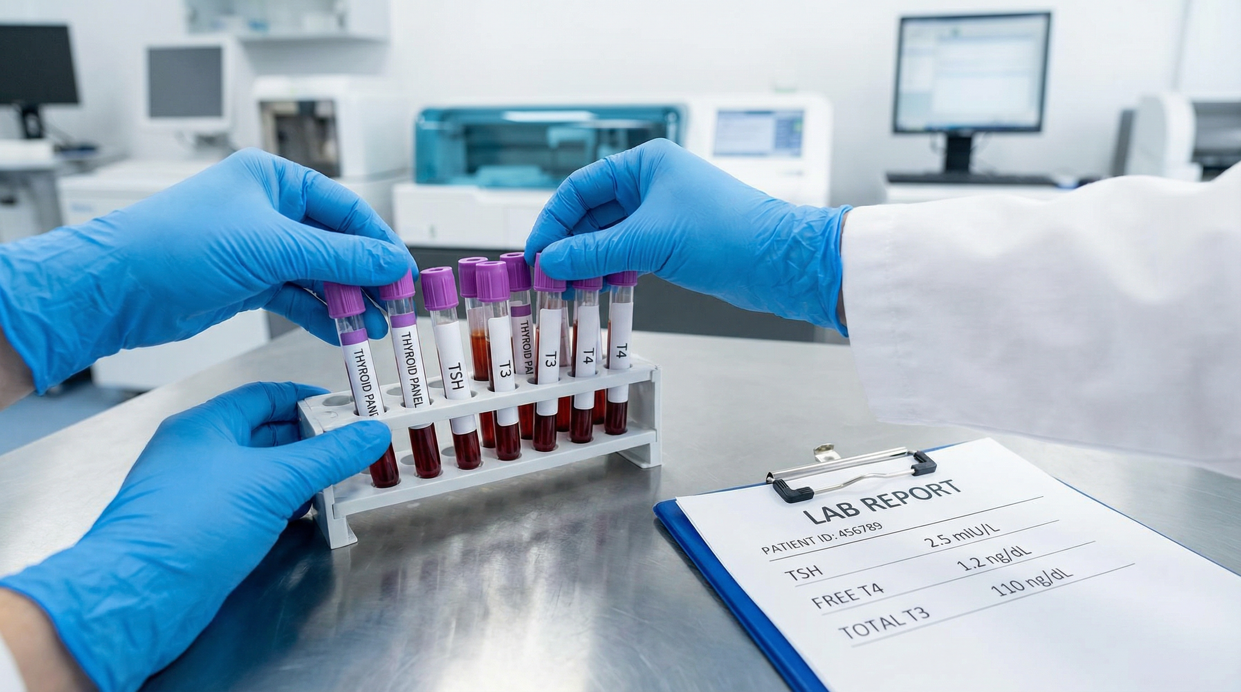 Thyroid lab tests McAllen ,  A lab technician handling thyroid panel blood test tubes with a lab report showing TSH values.