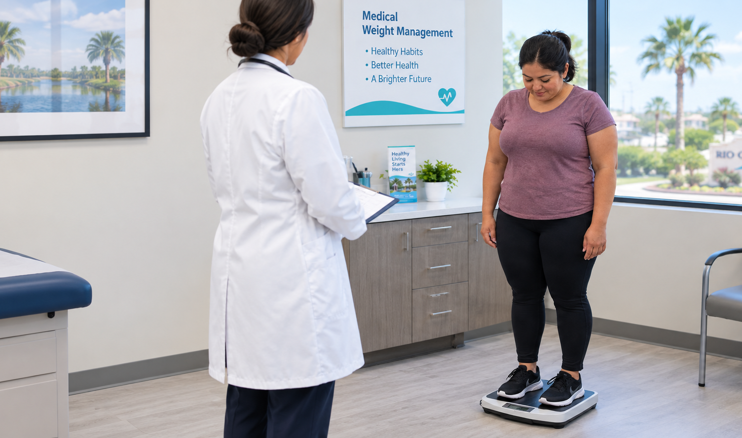 Weight loss doctor McAllen TX, a physician reviewing a weight management plan with an adult patient in a Rio Grande Valley clinic