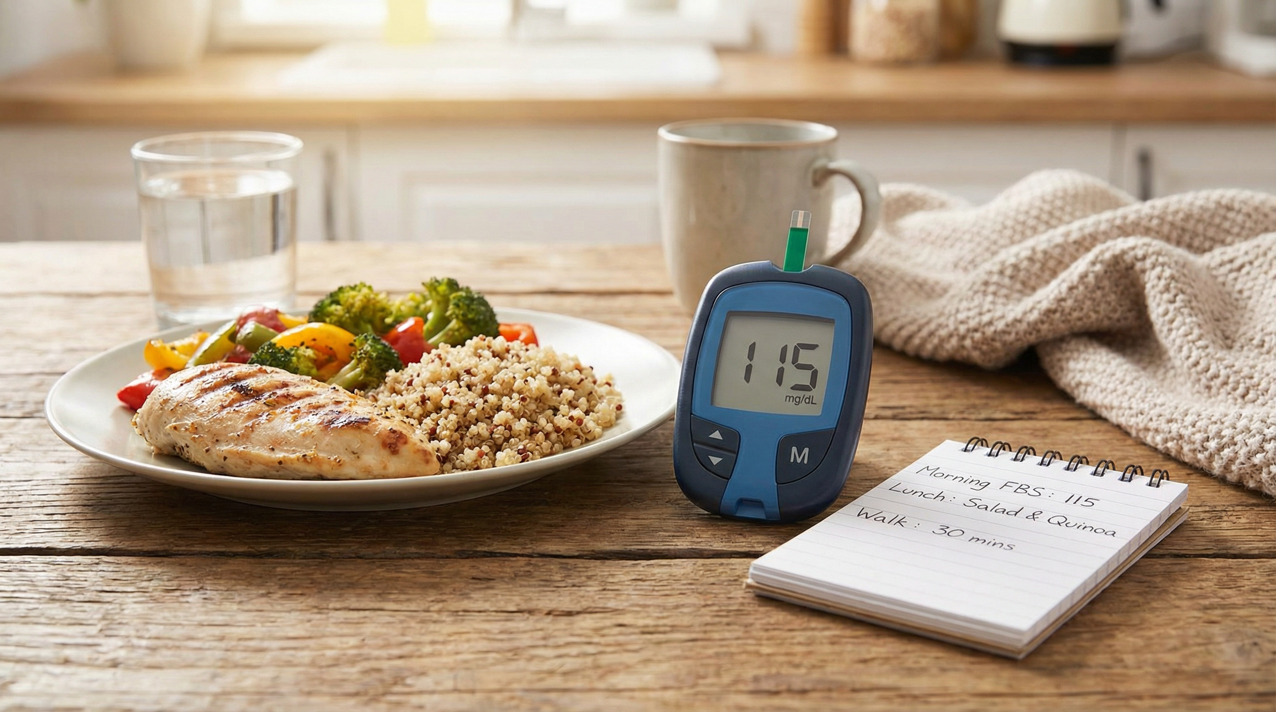 Diabetes management McAllen TX ,  A glucose meter, healthy meal, and health notes on a table.