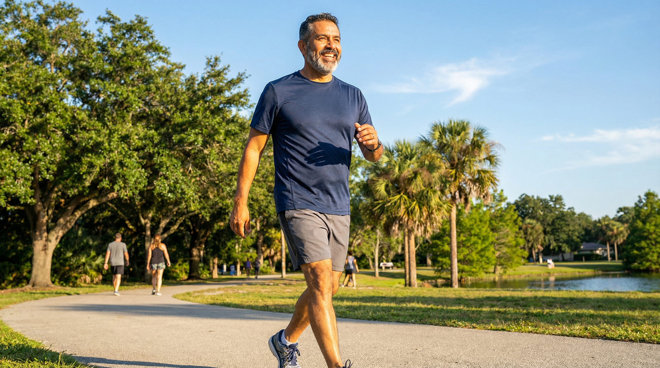 Hypertension lifestyle management ,  A middle-aged Hispanic man walking briskly in a sunny park.