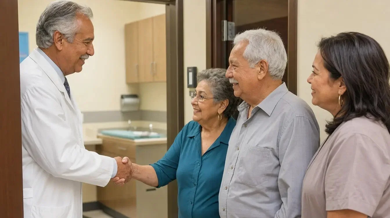 Médico internista cerca de mí en McAllen, un doctor recibiendo a una pareja hispana mayor y a su hija adulta en la puerta del consultorio