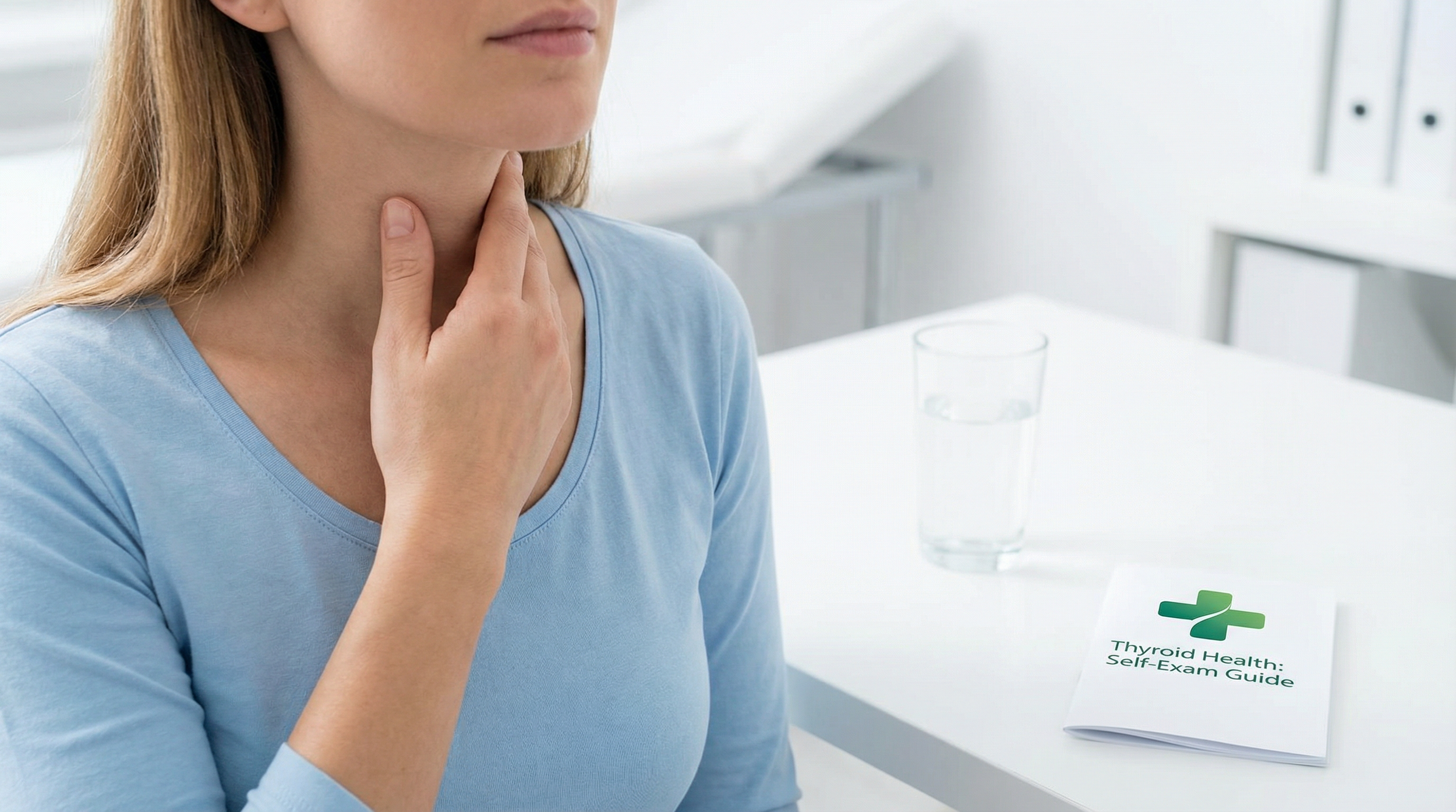 Thyroid doctor near me McAllen TX ,  A woman touching her neck near the thyroid area with a health booklet nearby.
