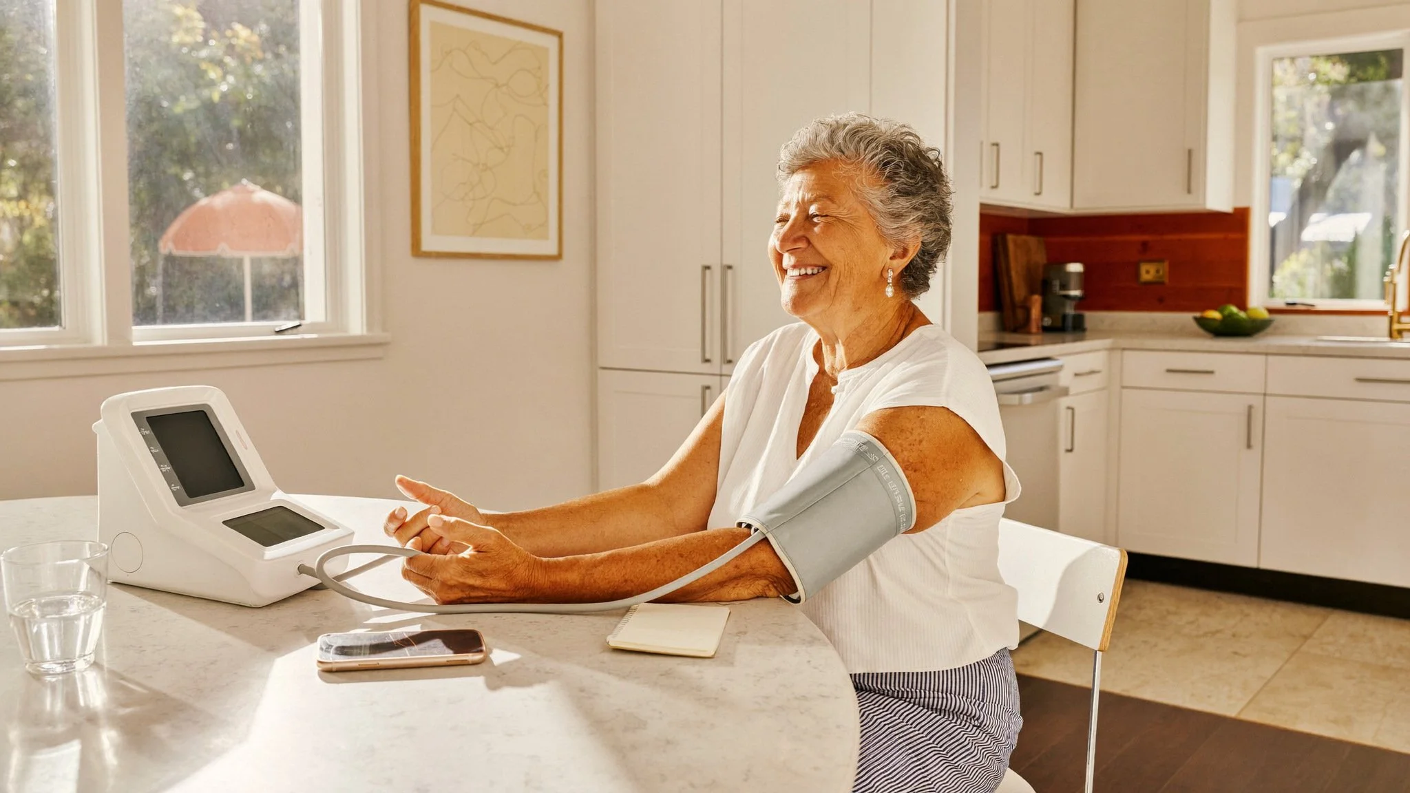 Remote patient monitoring McAllen TX, an older Hispanic woman taking her blood pressure at home with a connected monitor at her kitchen table