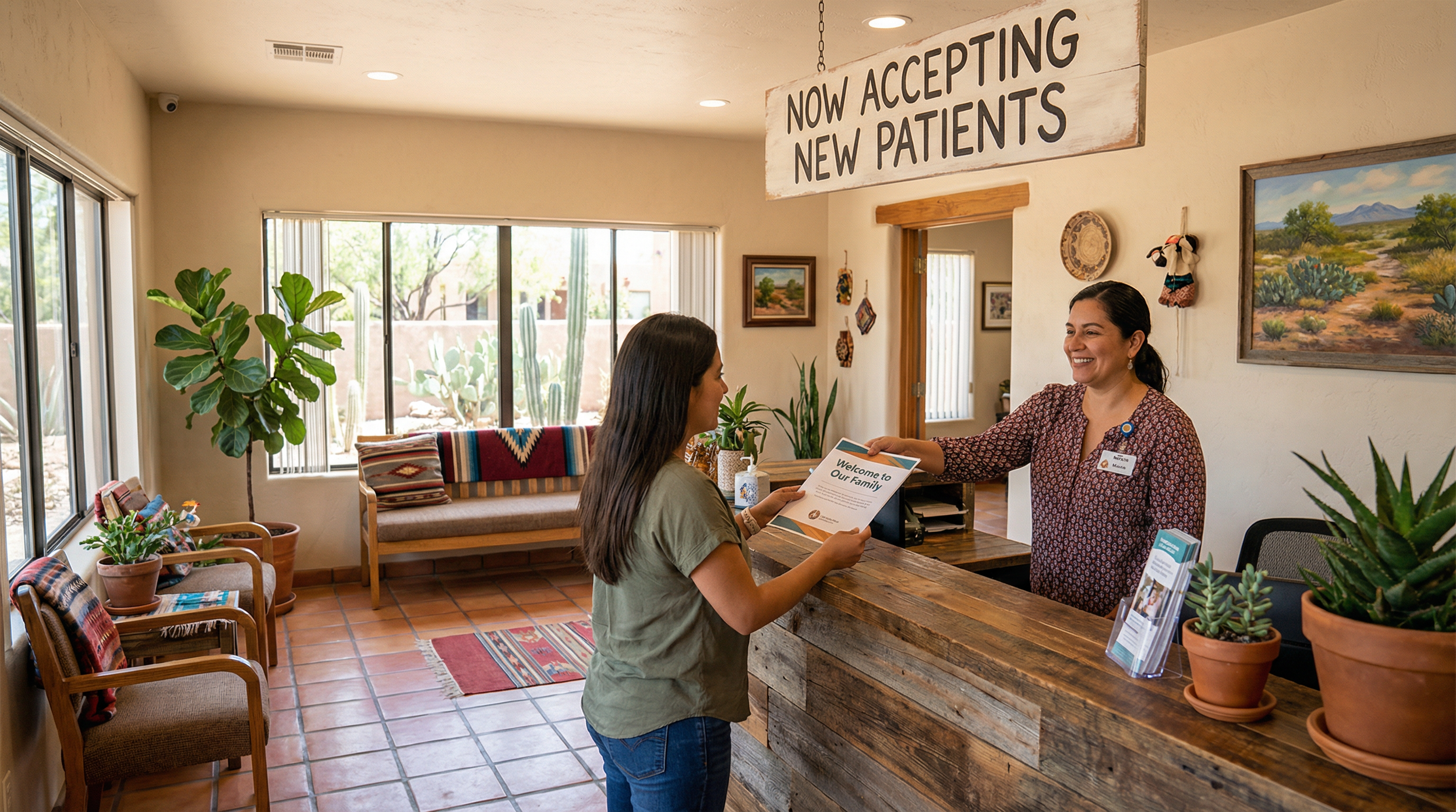 Now accepting new patients McAllen ,  A clinic reception desk with a 'Now Accepting New Patients' sign and a staff member welcoming a patient.