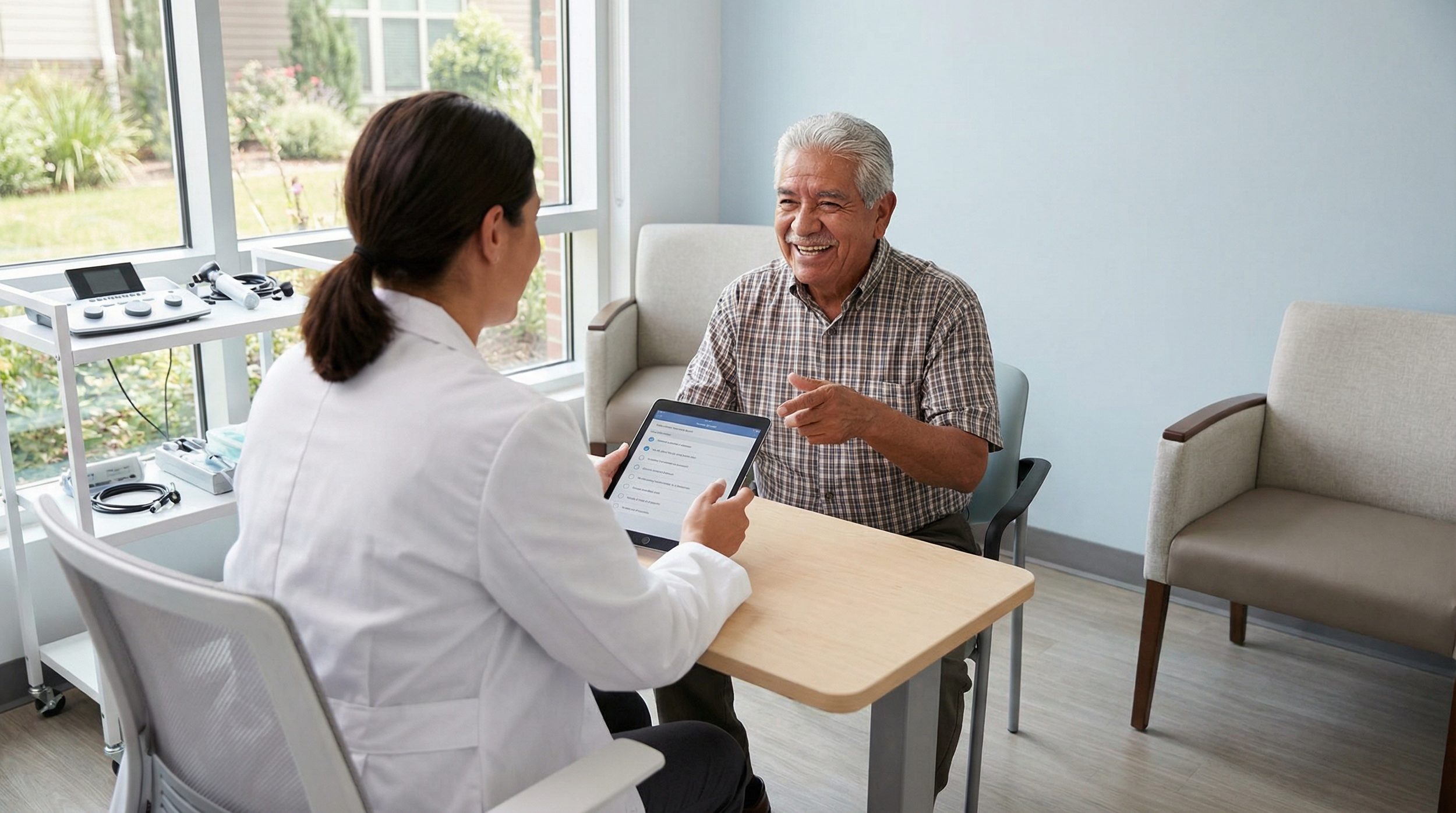 Medicare doctor McAllen TX ,  A healthcare provider shown from behind reviewing a checklist with an elderly patient in a bright exam room.