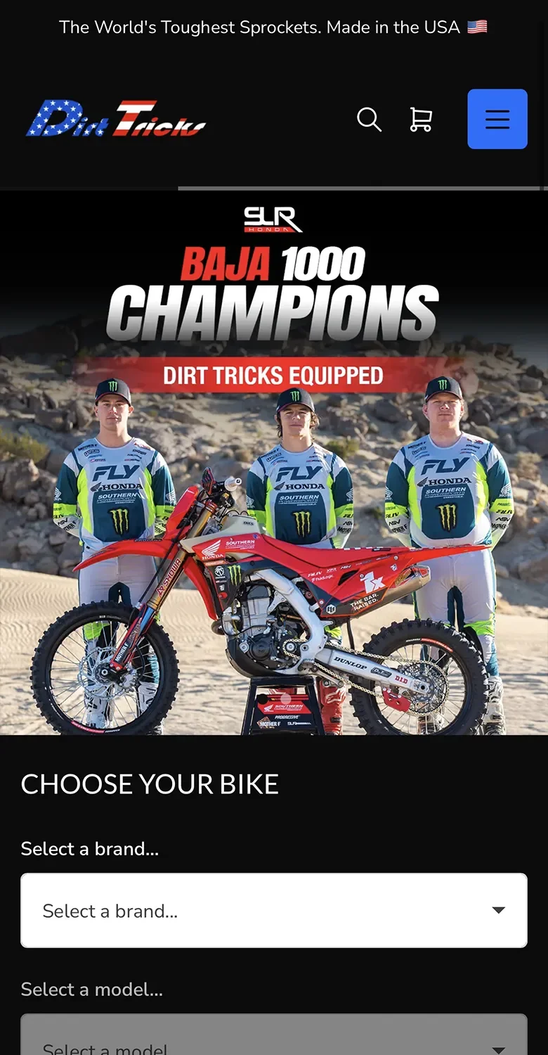 Dirt Tricks Shopify website development, mobile homepage