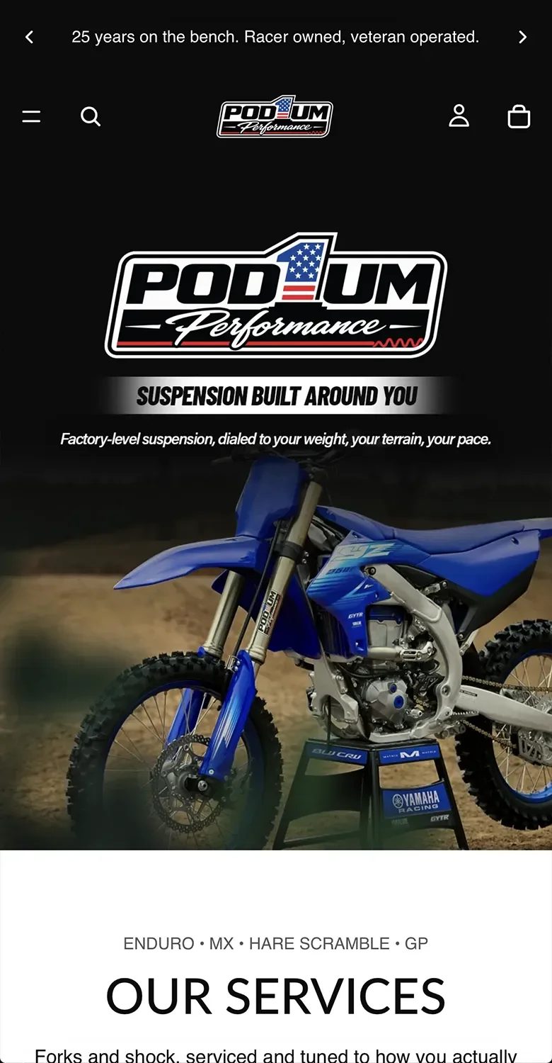 Pod1um Performance Shopify website development, mobile homepage