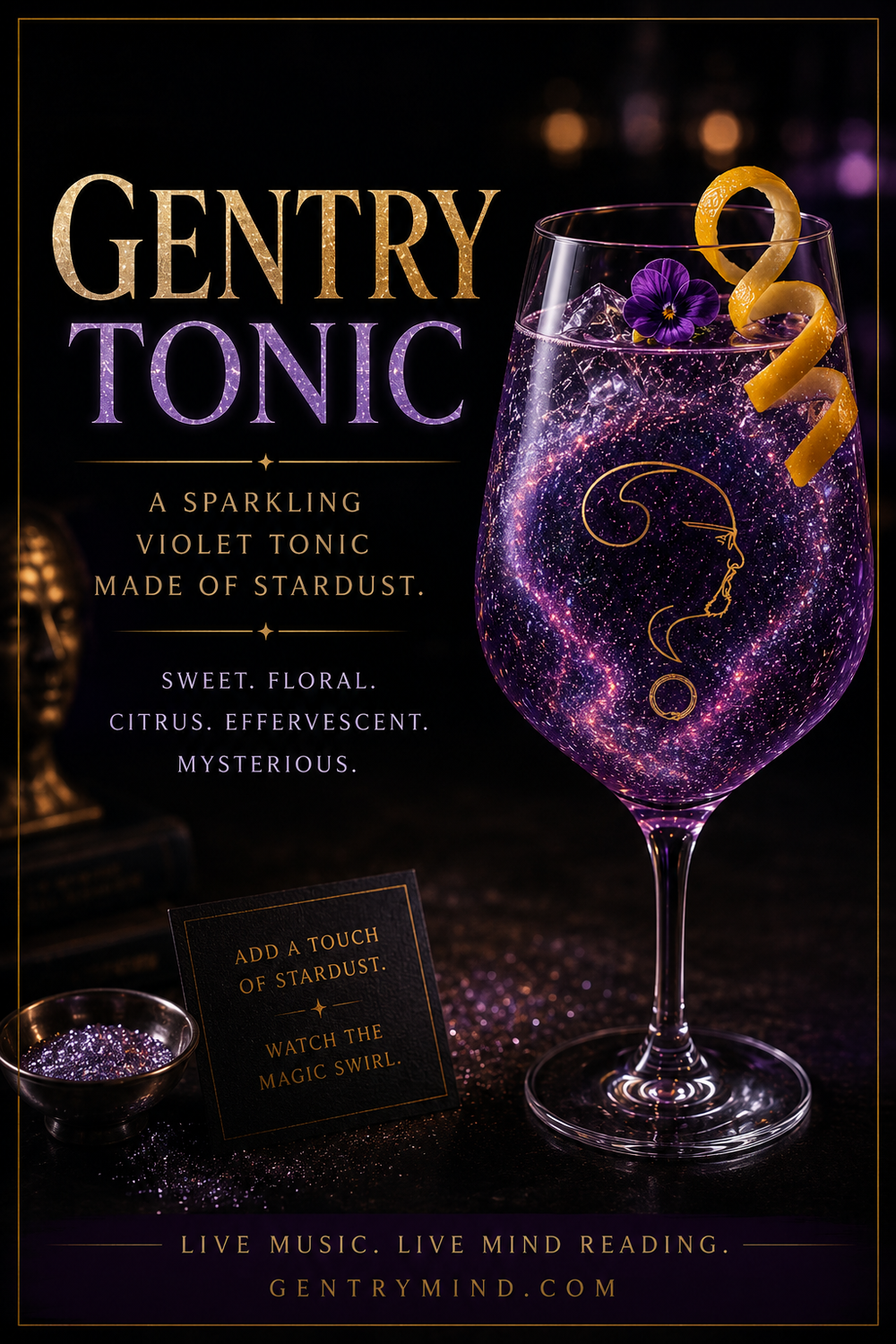 The Gentry Tonic: a sparkling violet cocktail made with edible glitter, garnished with a viola flower and citrus twist