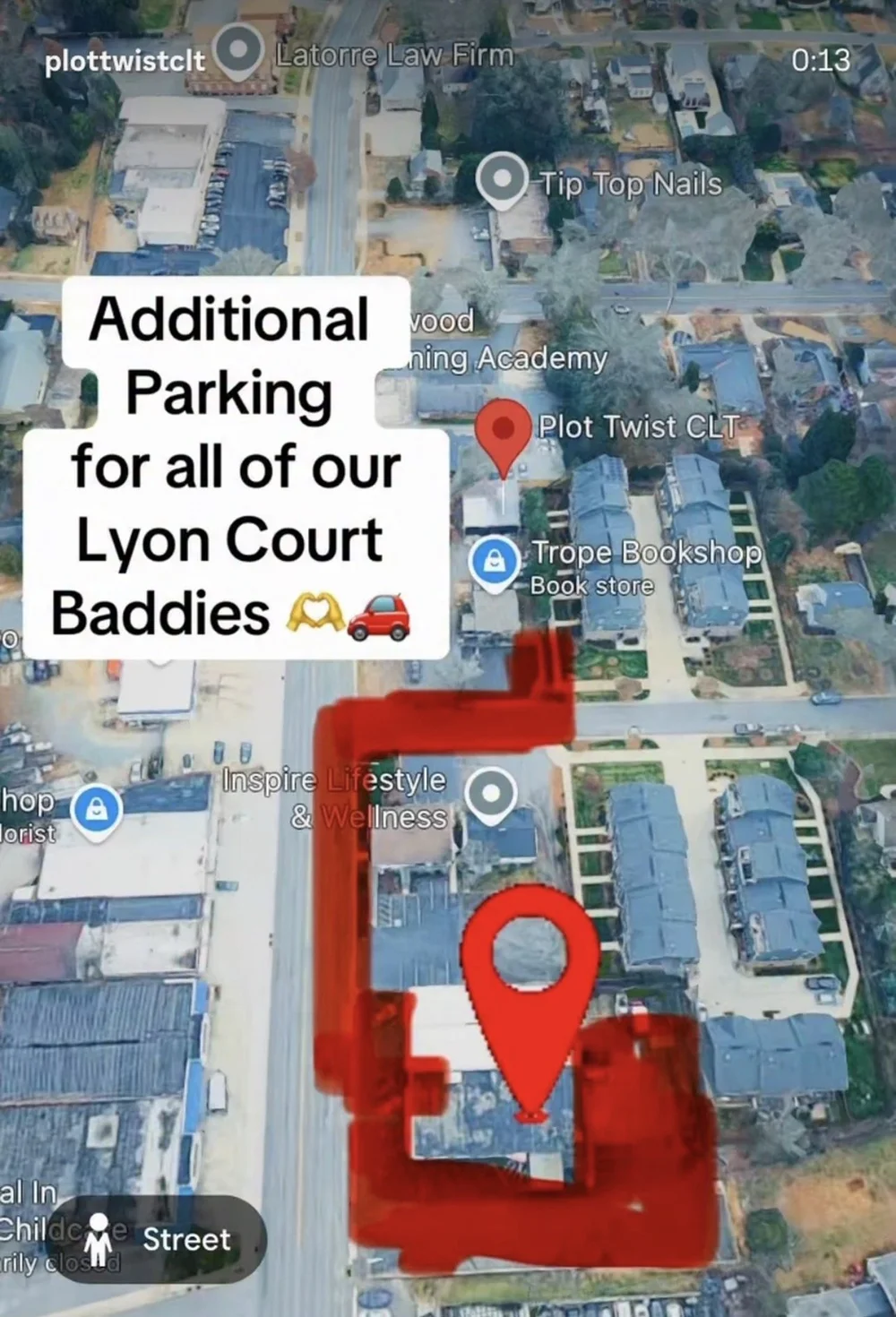 Aerial map showing overflow parking on Lyon Court in red, just south of Plot Twist CLT