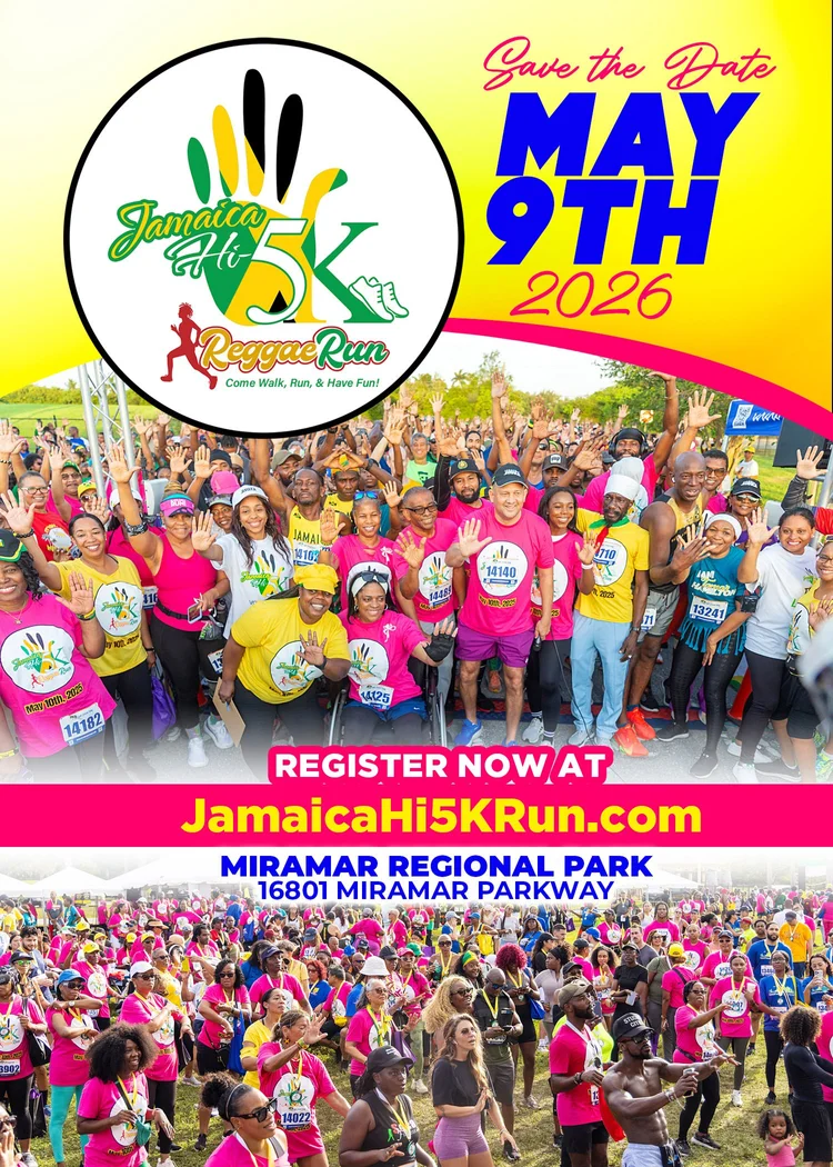 Hi5 Run 2026 community run flyer with a group photo on a yellow background
