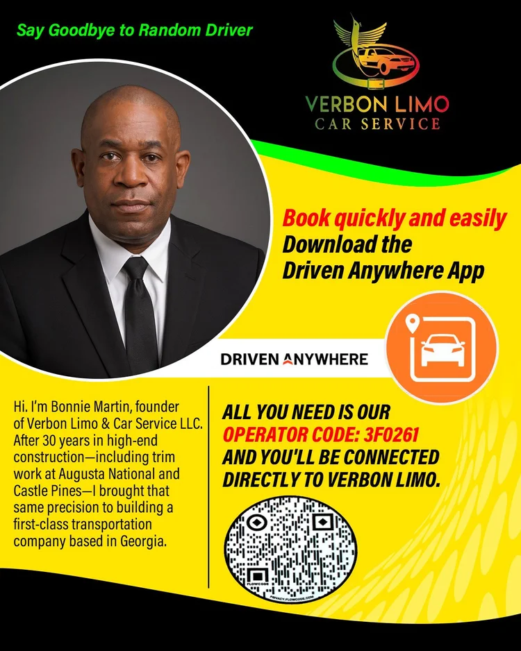 Verbon Limo car service app promotional flyer with a driver portrait in yellow and black
