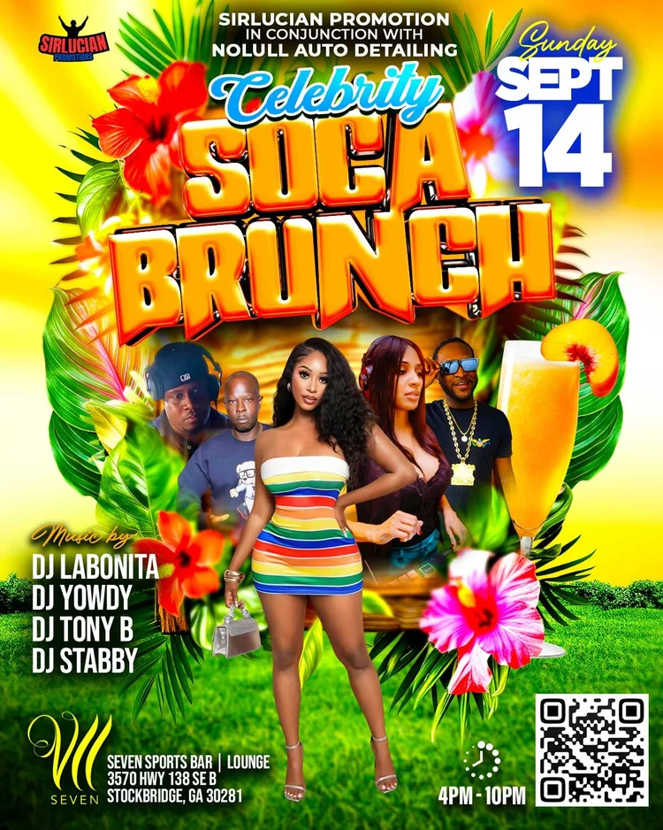 Soca Brunch event flyer in bright yellow, green, and pink