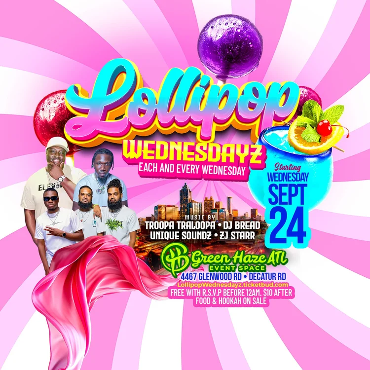 Lollipop Wednesdayz event flyer on a pink and white swirl background