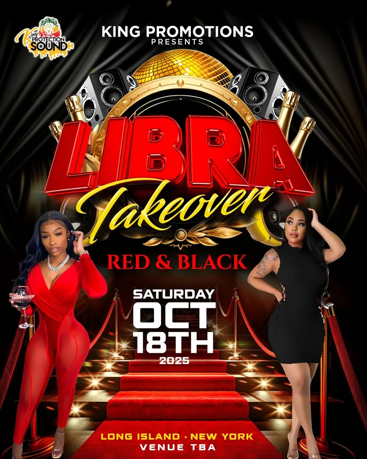 Libra Takeover event flyer in red and black