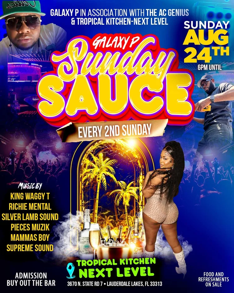 Sunday Sauce event flyer in deep blue with bold yellow lettering