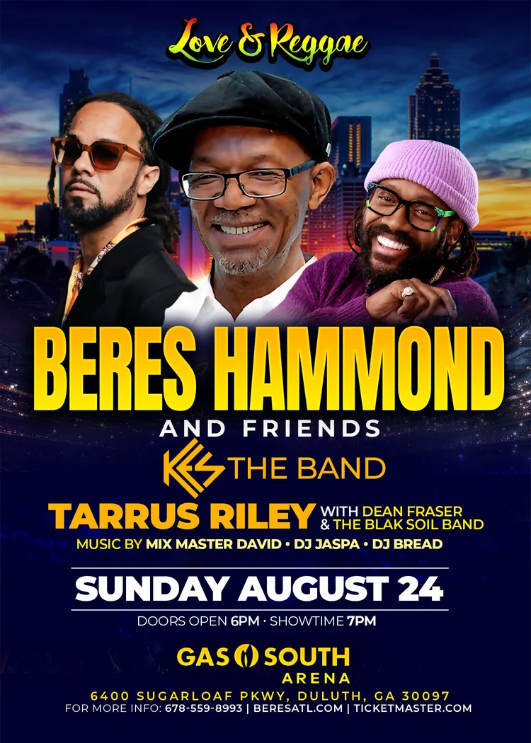 Front of the Beres Hammond and Friends Atlanta concert flyer in navy blue and gold