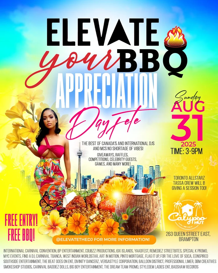 Elevate Your BBQ Appreciation Day Fete flyer in bright blue and gold