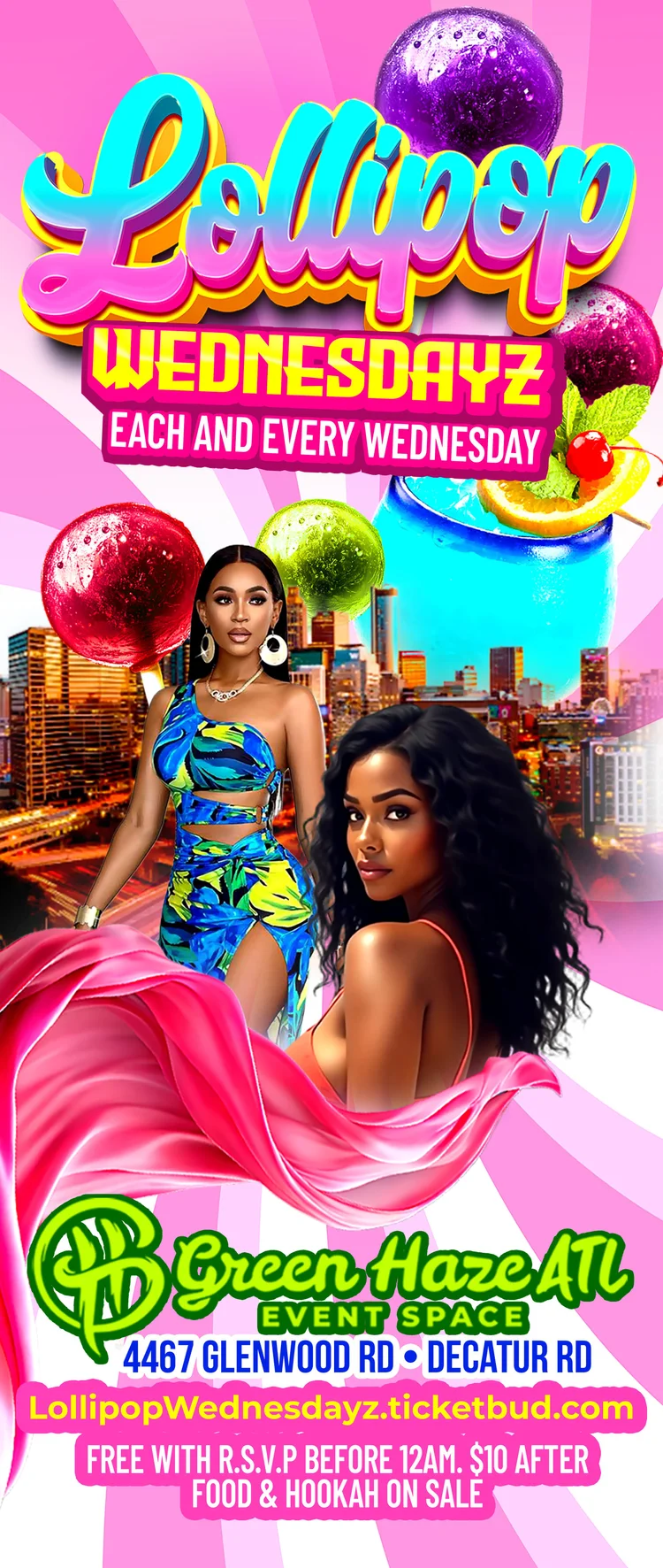 Tall pink Lollipop Wednesdayz pull up flyer sized for phone screens