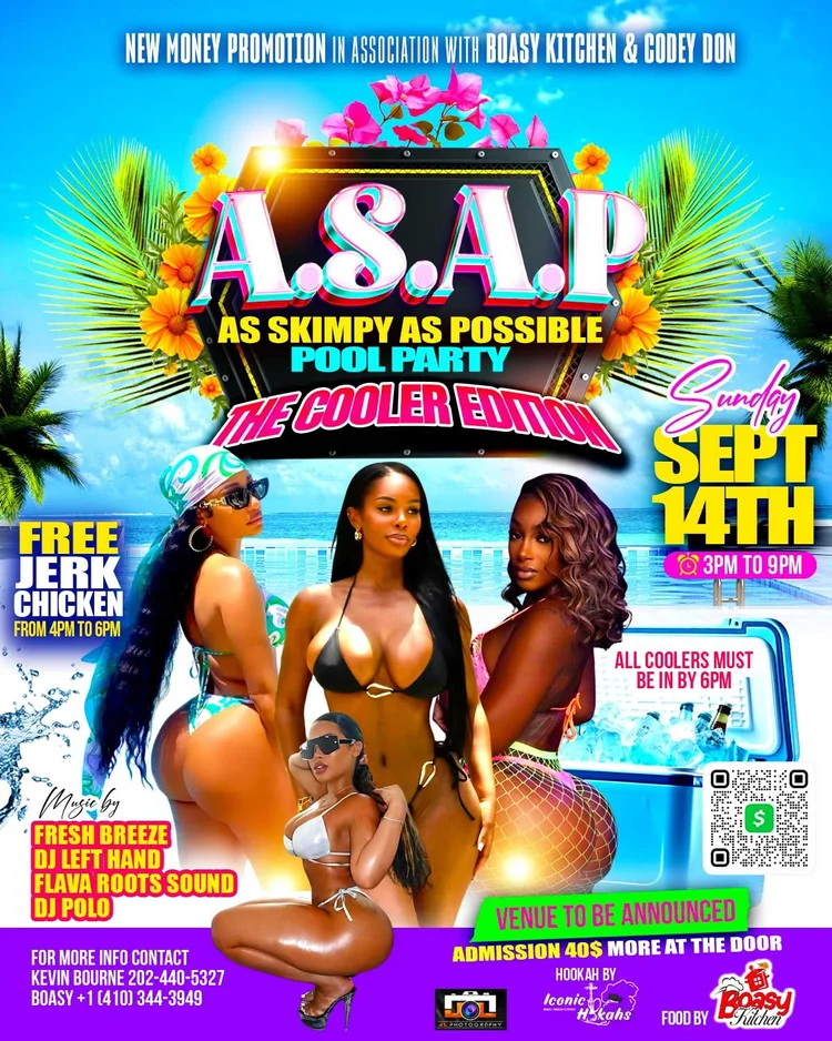 A.S.A.P. pool party flyer in bright blue and pink