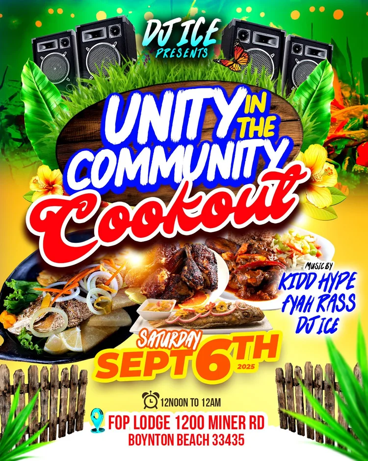Unity in di Community Cookout flyer with a bright green border and food photos