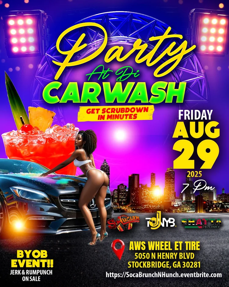 Party at the Car Wash flyer in purple and blue with stadium style lights