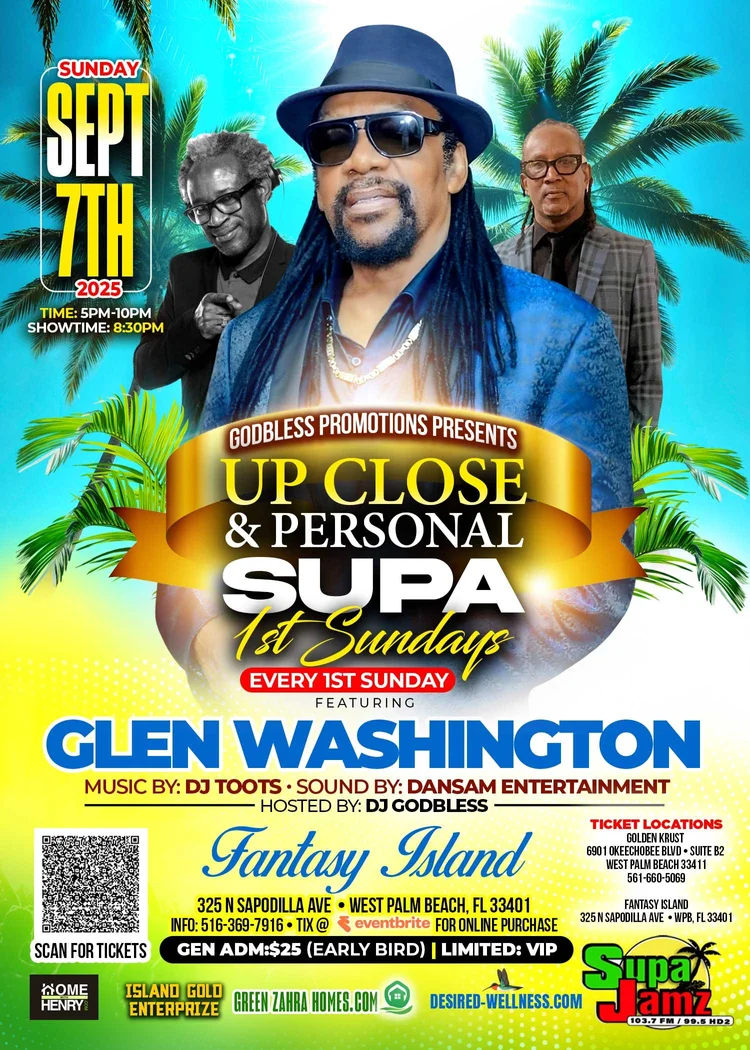 Up Close and Personal event flyer with a performer portrait on a tropical green and blue background