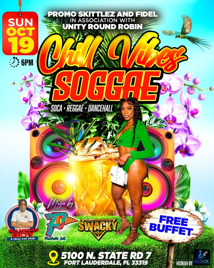 Chill Vibes Soggae event flyer with orchids and purple and green graphics