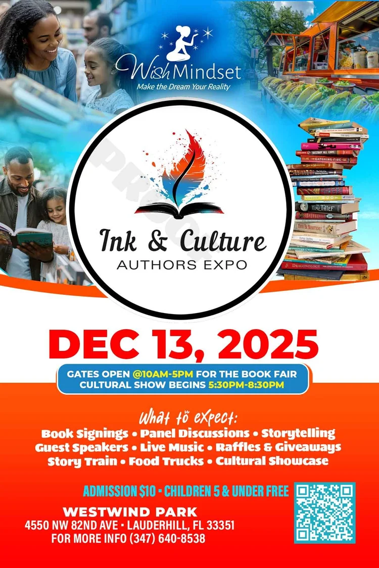 Ink and Culture Authors Expo flyer with a stack of books on a light blue background