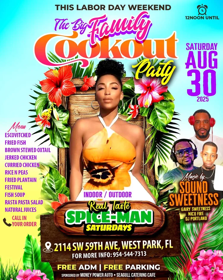 Family Cookout Party Labor Day weekend flyer with tropical leaves on a light background